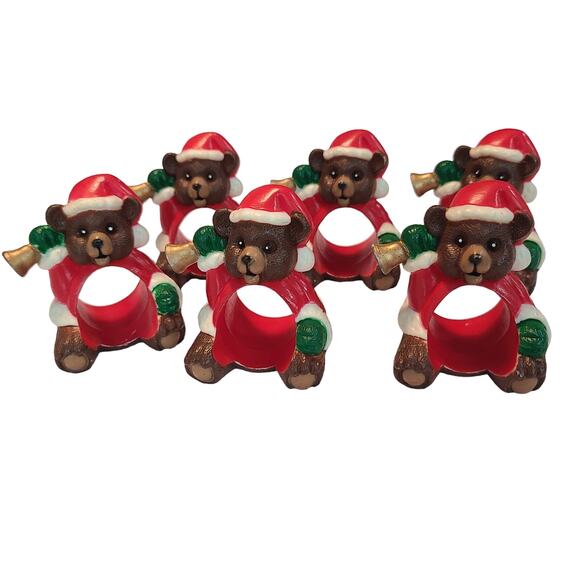 Vintage REED Christmas Holiday Santa Bear Napkin Ring Holders Set of 6 - Picture 1 of 13